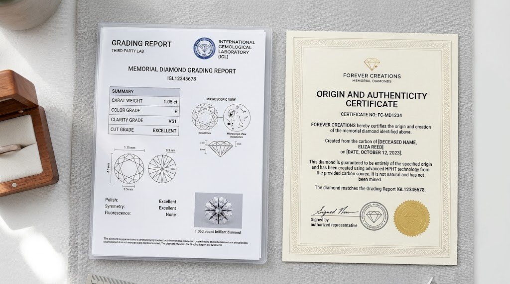 A third-party diamond grading report laid beside a separate origin and authenticity certificate
