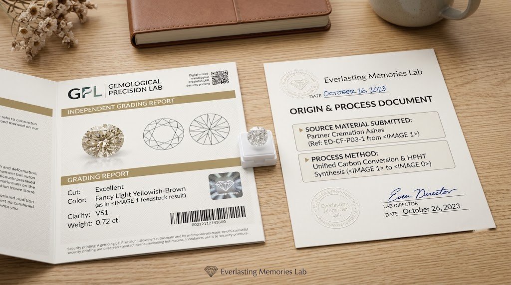 An independent grading report and a separate origin document laid side by side |