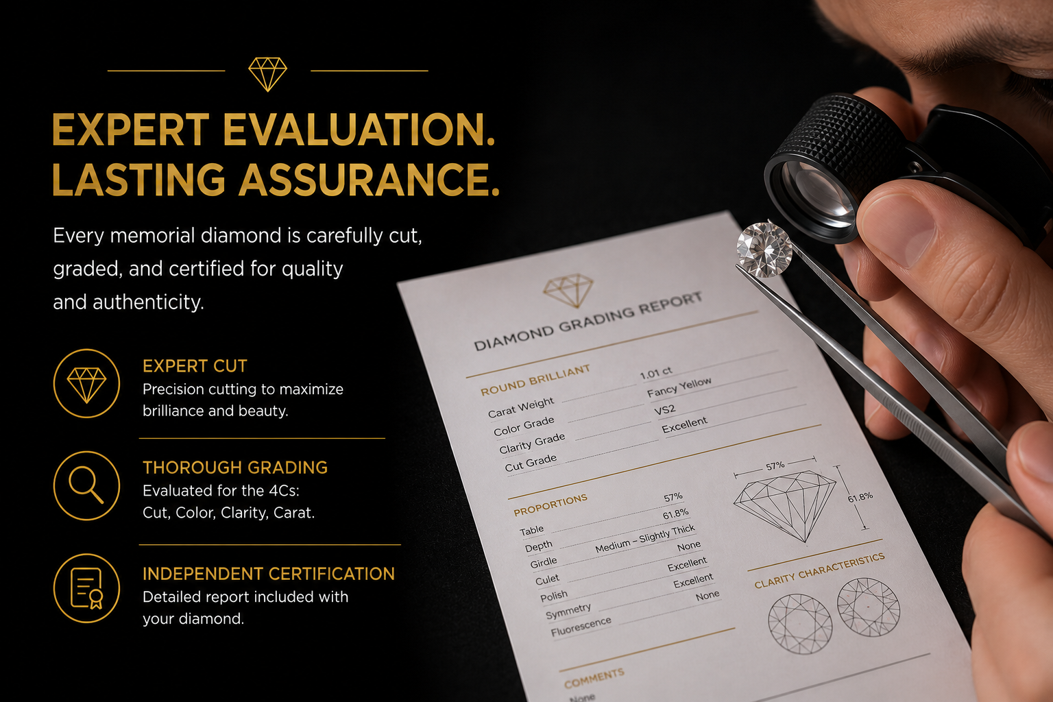 Gemologist examining a polished memorial diamond with a loupe beside a printed grading report