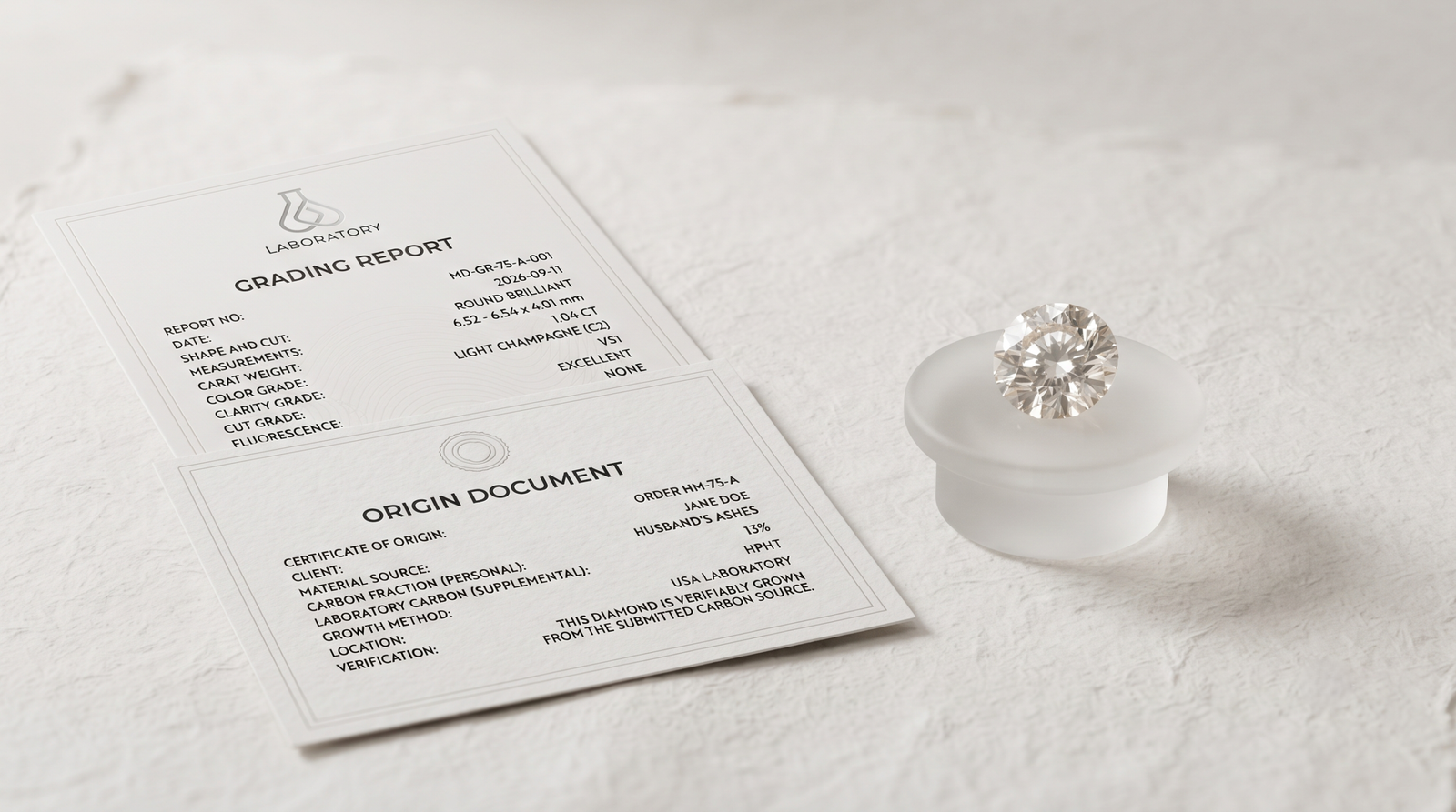 A grading report and an origin document laid beside a loose memorial diamond. husband's ashes