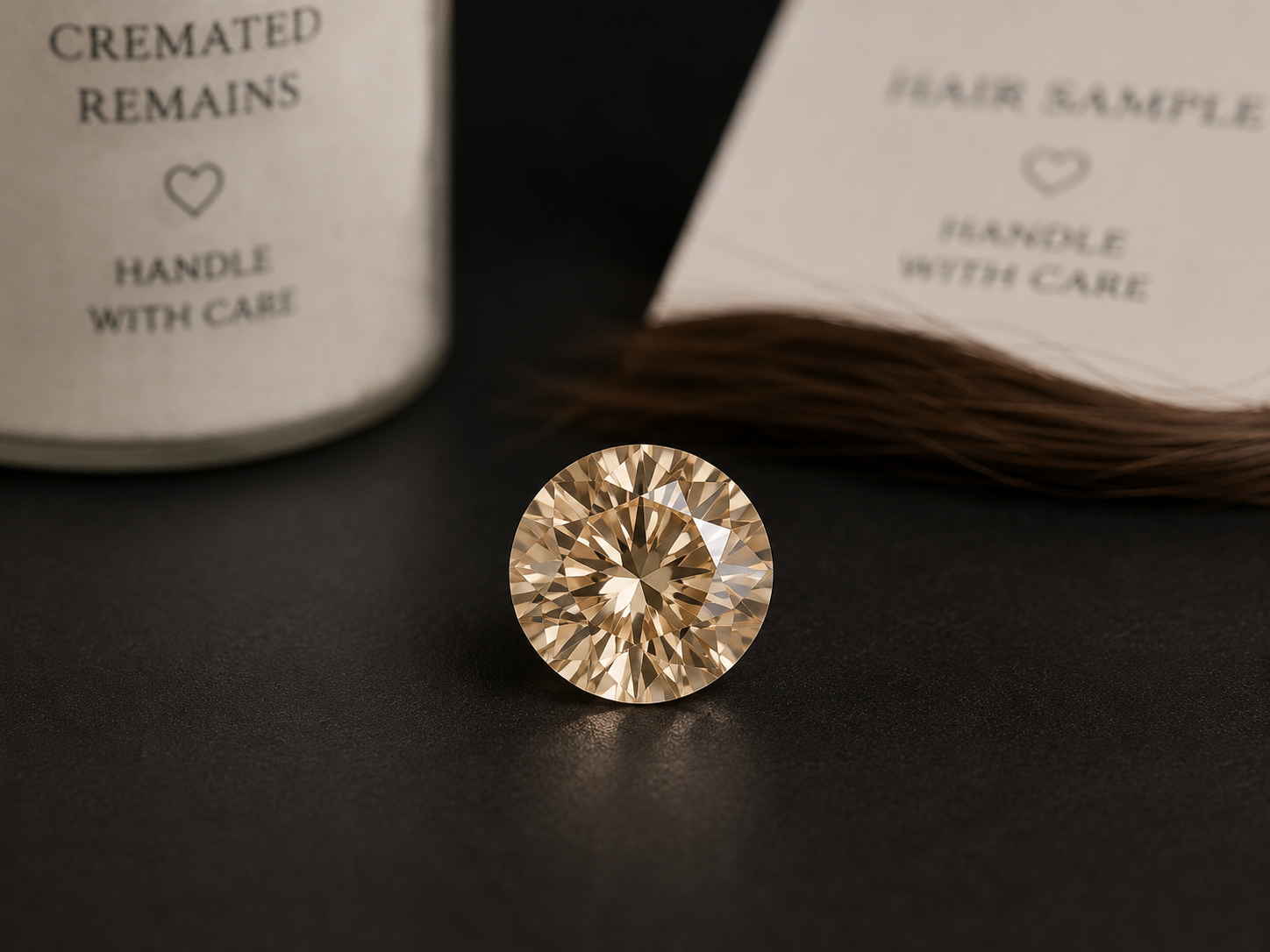 Finished champagne-toned memorial diamond grown from carbon extracted from a mother's cremated ashes and hair
