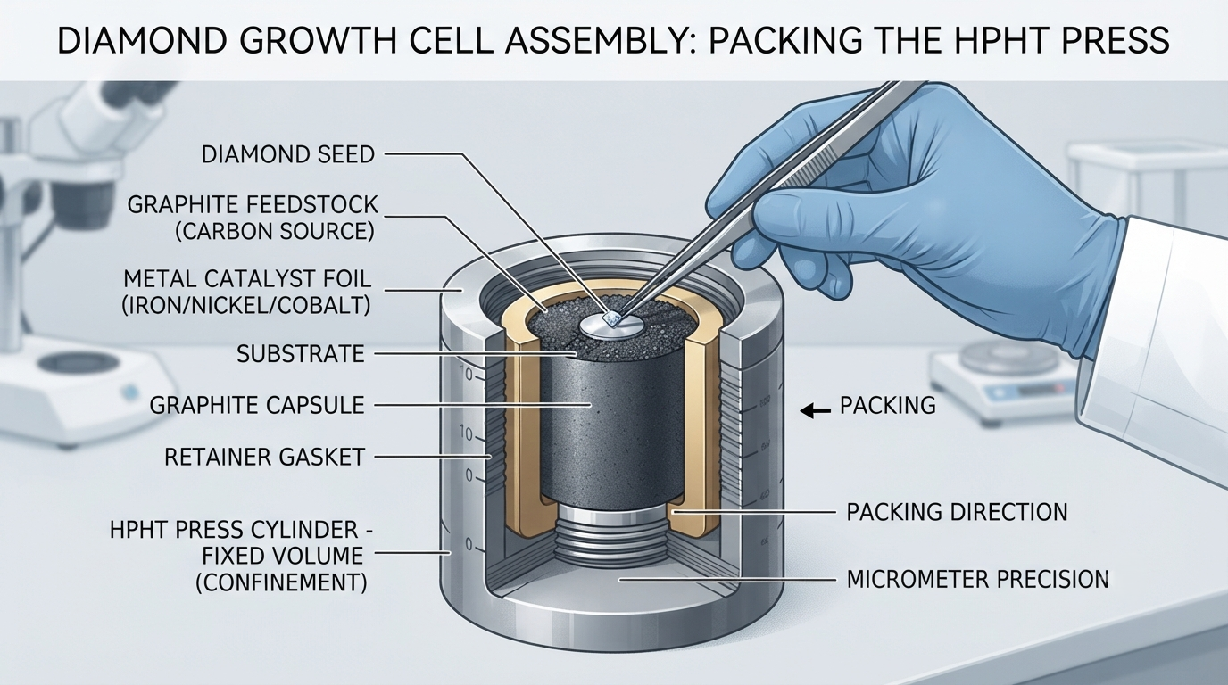 A diamond growth cell being packed with graphite feedstock around a seed, showing the fixed volume a press requires