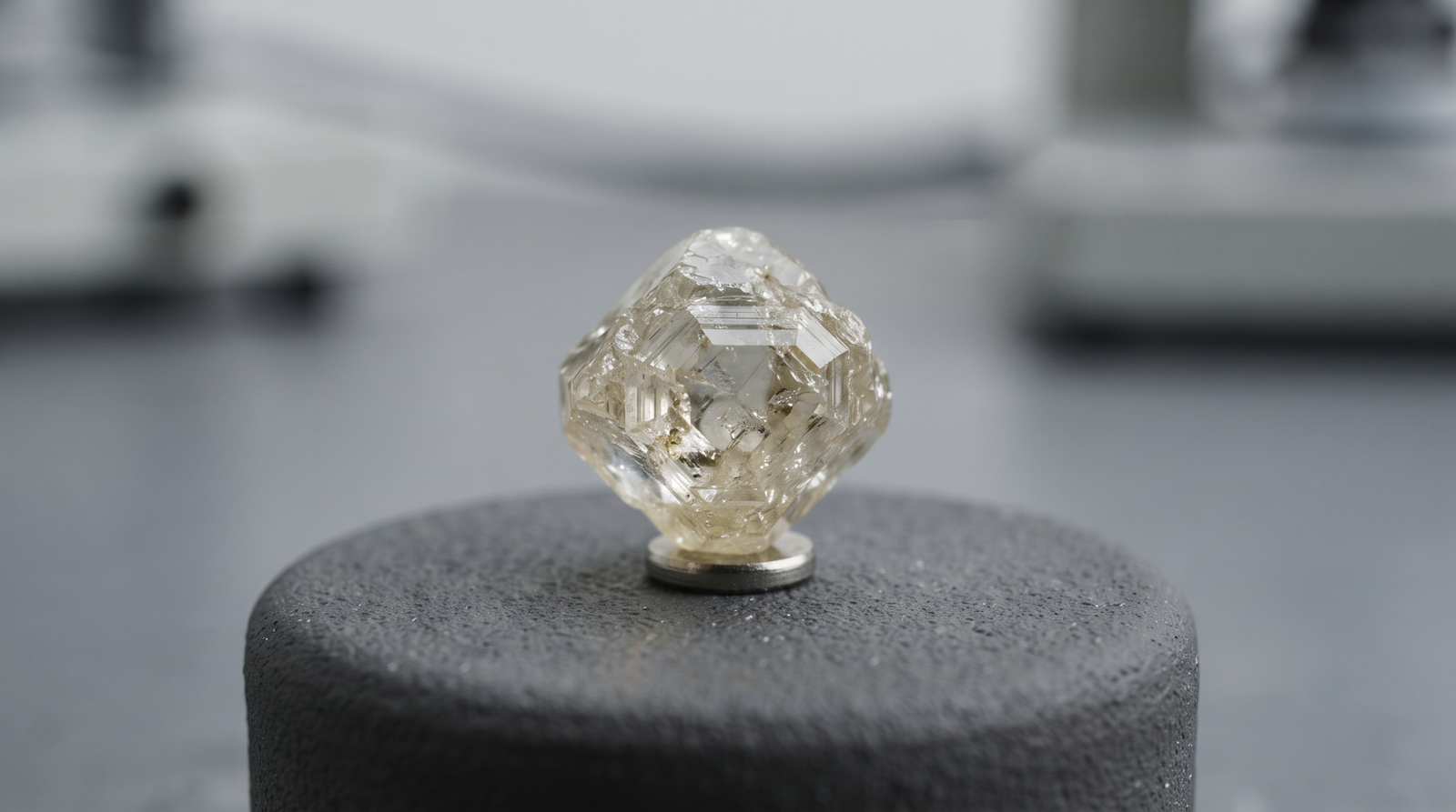 Rough lab-grown diamond crystal on a growth seed, photographed before cutting