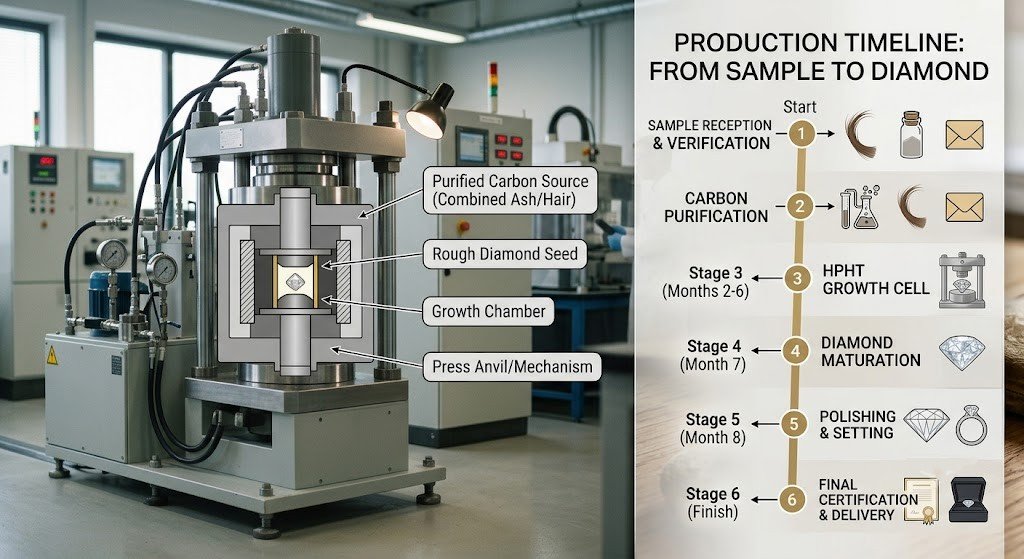 Diamond growth cell used in the HPHT process, shown alongside a production timeline