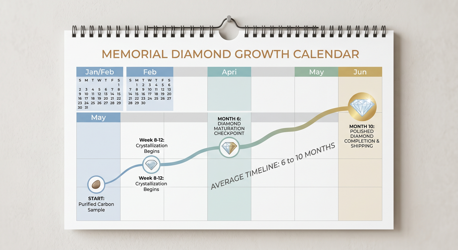 | Calendar marked with the 6 to 10 month memorial diamond growth timeline