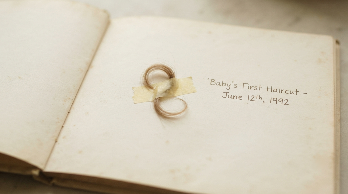 A curl of hair taped inside a baby book beside handwriting that has faded