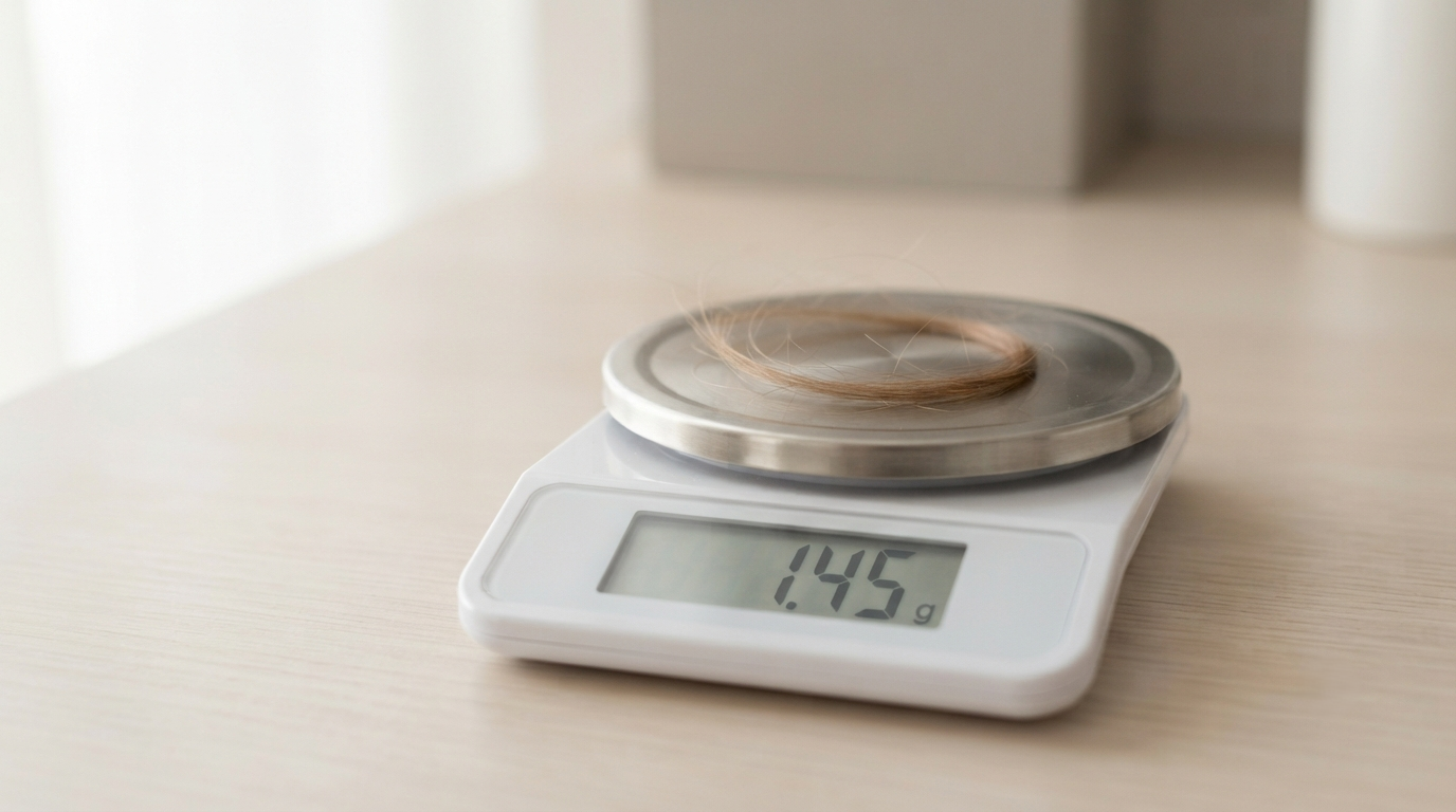 A small lock of hair on a digital kitchen scale reading in grams