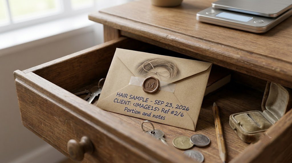 | Small paper envelope holding a cut lock of hair, sealed, hand-dated and labeled, resting in an open drawer