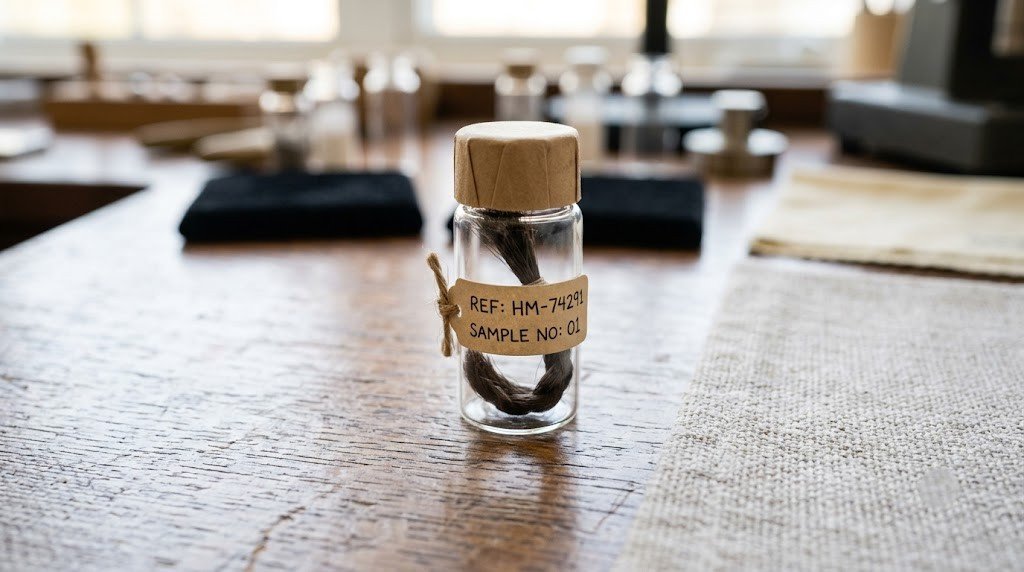 A small sealed glass vial holding a hair sample with a numbered reference label attached