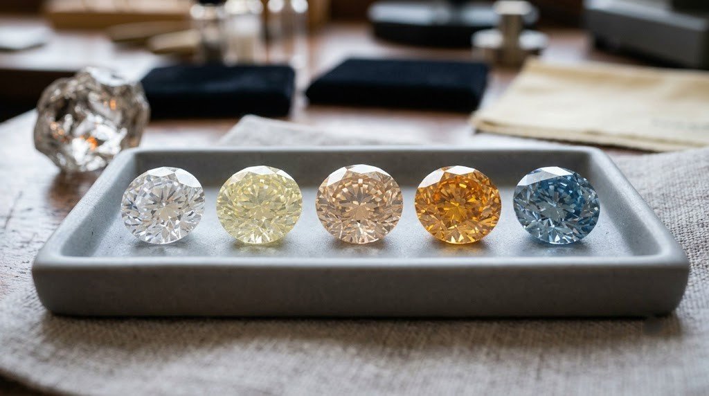 Five hair-grown memorial diamonds arranged from colorless through yellow, champagne and blue on a neutral tray