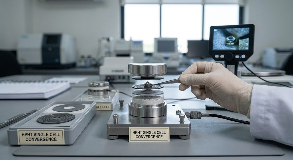 An HPHT growth cell being assembled around a small diamond seed before being loaded into the press