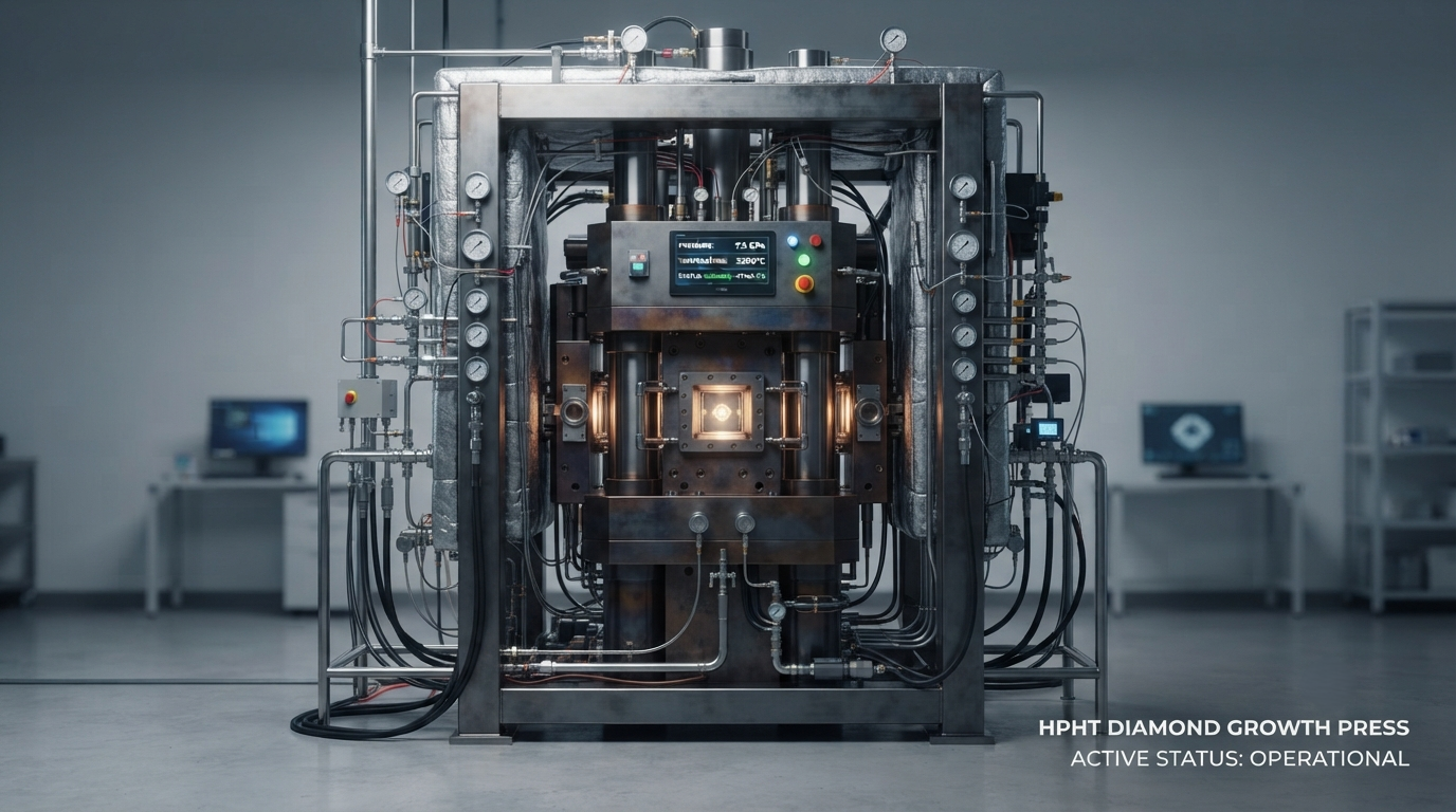 A high-pressure high-temperature press of the type used to grow lab diamonds, sealed and running