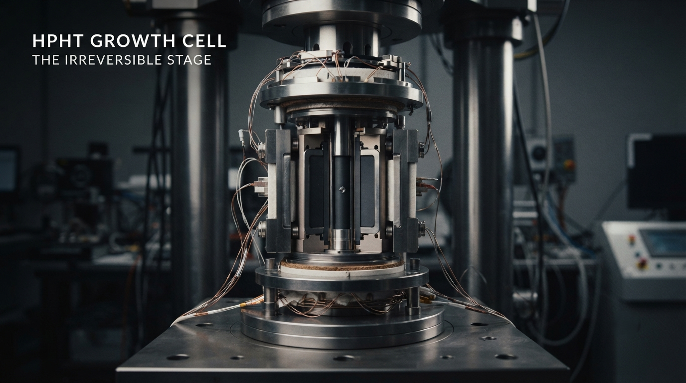 The interior of an HPHT growth cell, the irreversible stage of the memorial diamond process