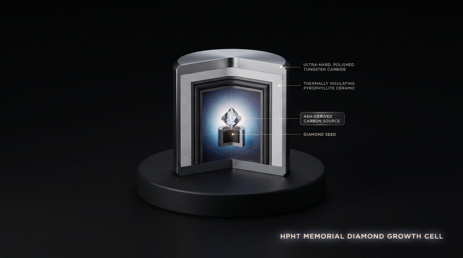 HPHT growth cell of the kind used to grow a memorial diamond from ash-derived carbon