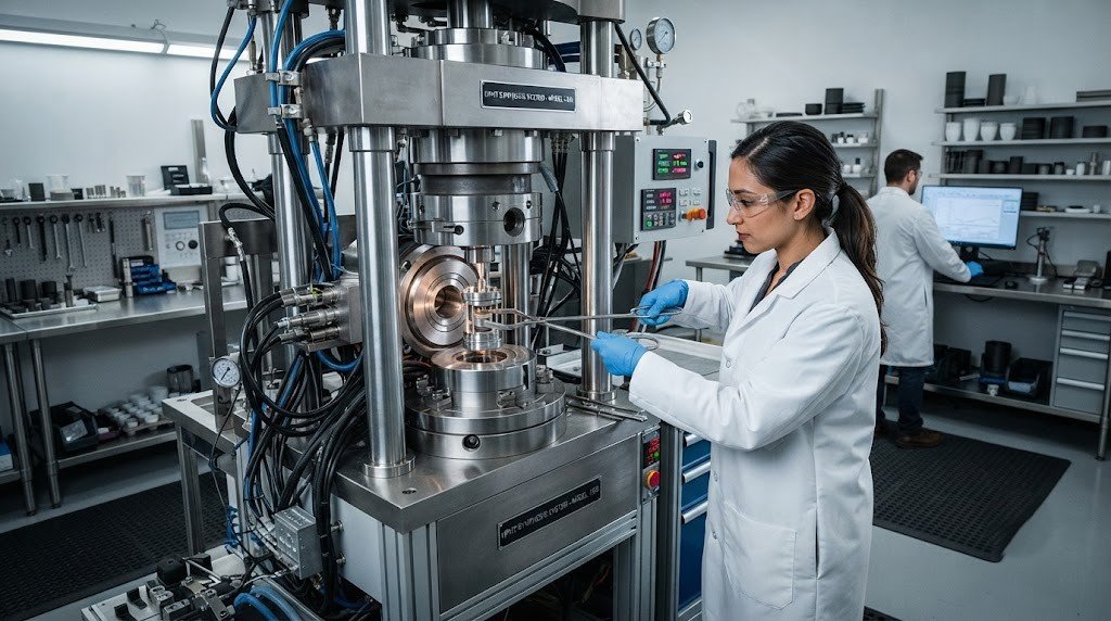 A high-pressure diamond growth press in a laboratory with a technician loading a growth cell