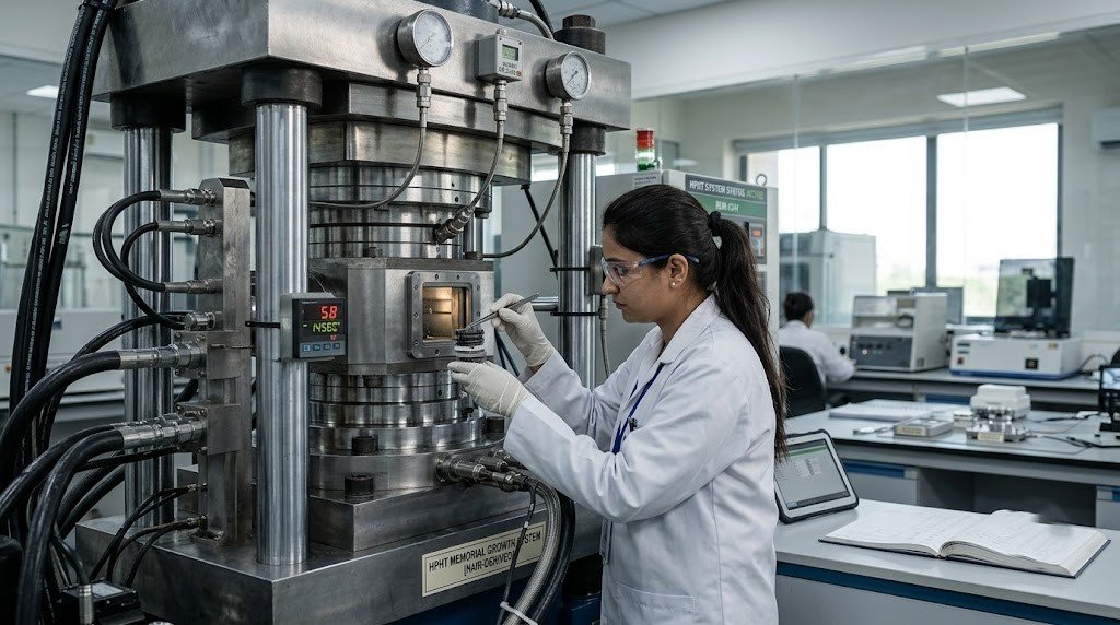An HPHT diamond growth press in a laboratory, with an operator checking the cell assembly
