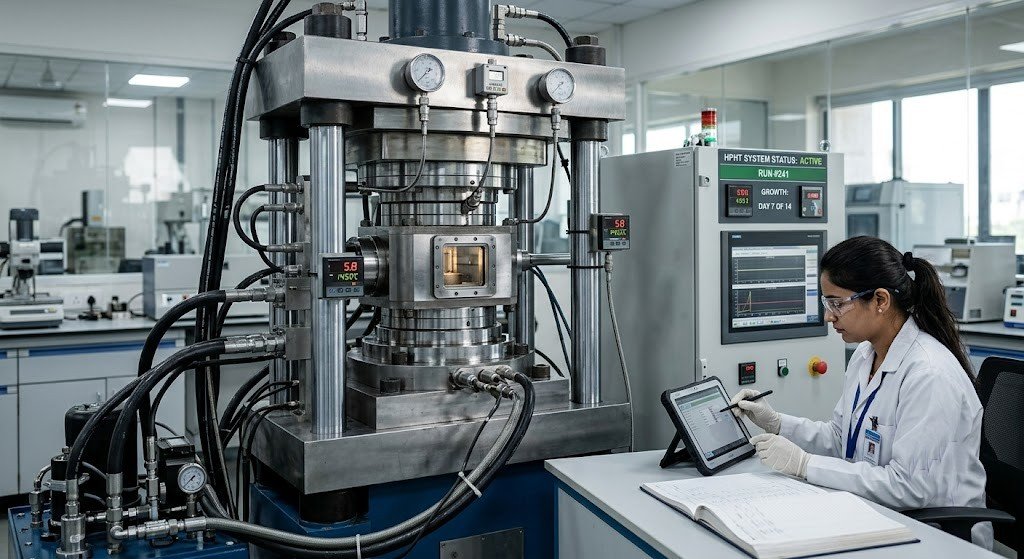 An HPHT growth press in a laboratory, with a technician recording a run | Stock acceptable short-term; a real growth-cell image is a genuine trust asset once available