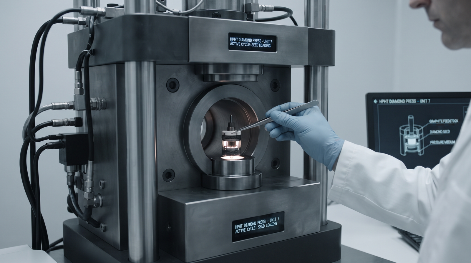 Technician placing a graphite-and-seed growth cell into an HPHT diamond press