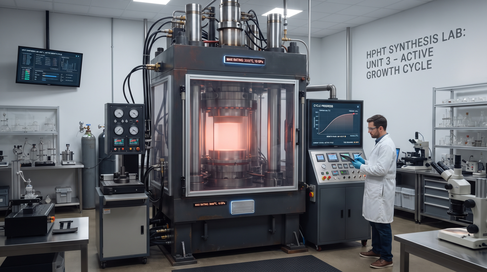 HPHT press running a growth cycle in a laboratory