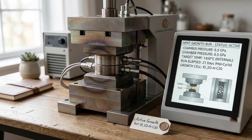 A high-pressure high-temperature press of the type used to grow lab diamonds, sealed and running