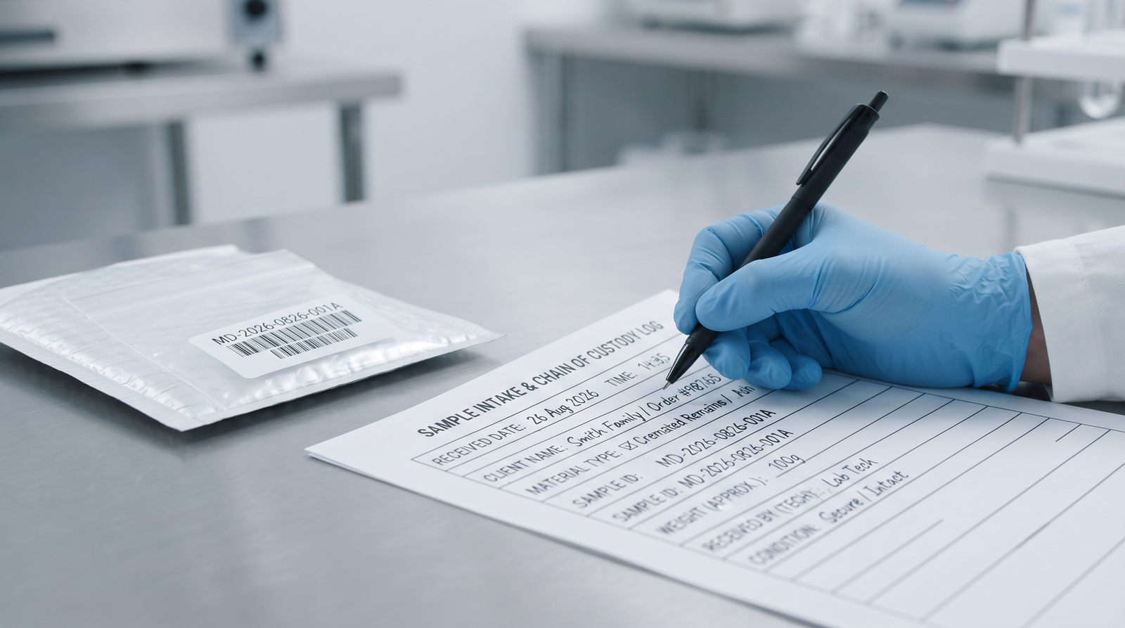 Gloved technician logging a received sample into a laboratory intake record