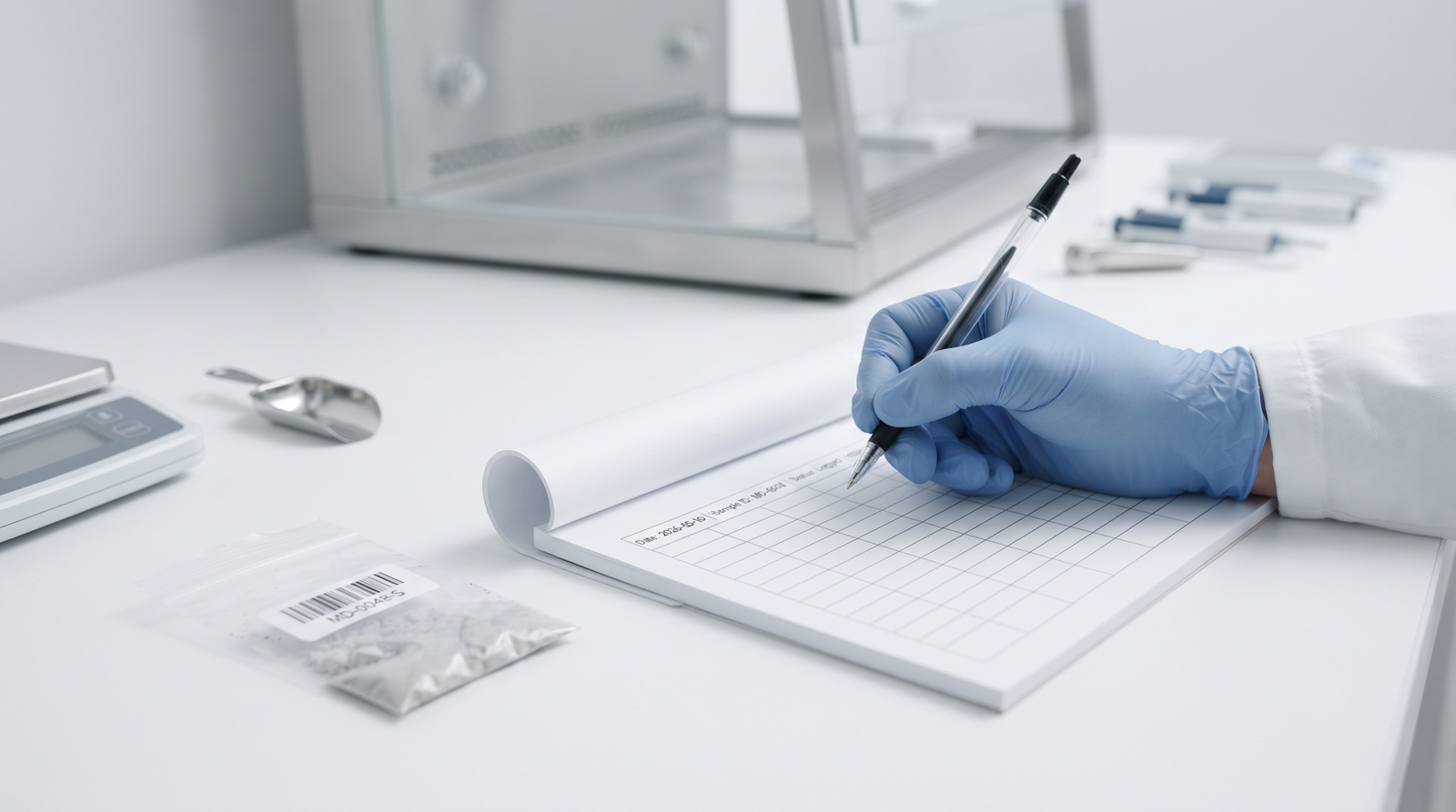 Gloved technician logging a received sample into a laboratory intake record
