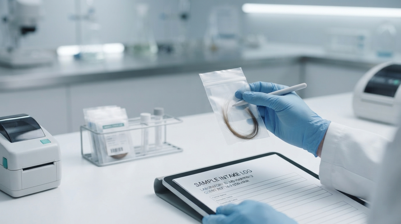 Laboratory technician logging a sealed hair sample against an intake identifier
