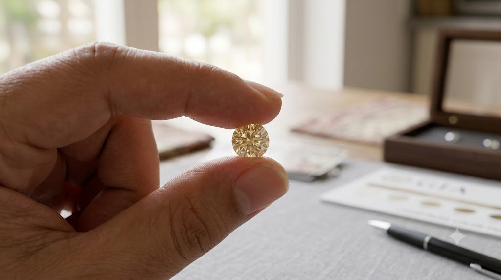 A single small polished memorial diamond held between finger and thumb in daylight