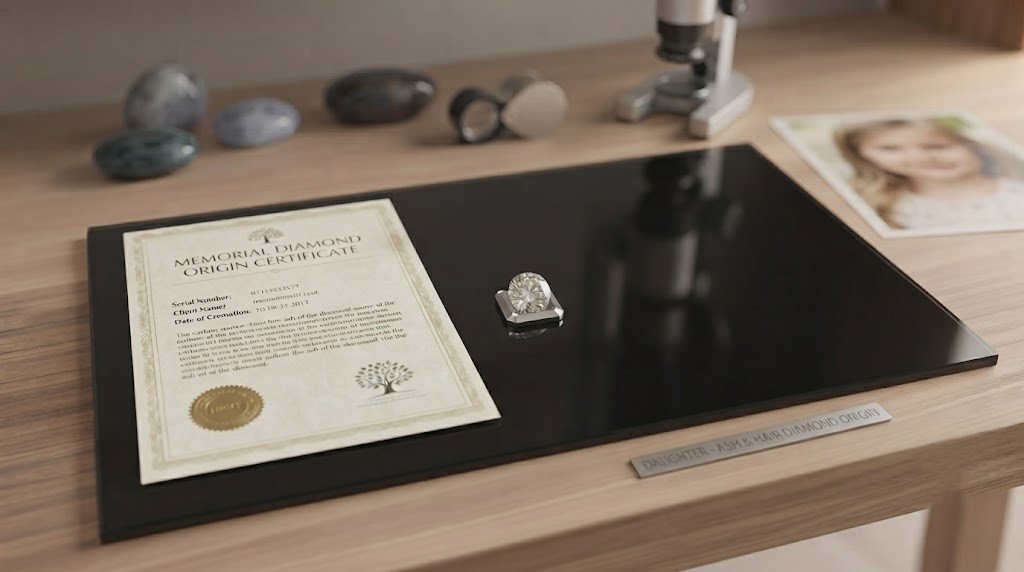 | A loose memorial diamond in an open presentation box resting on its certificate of origin