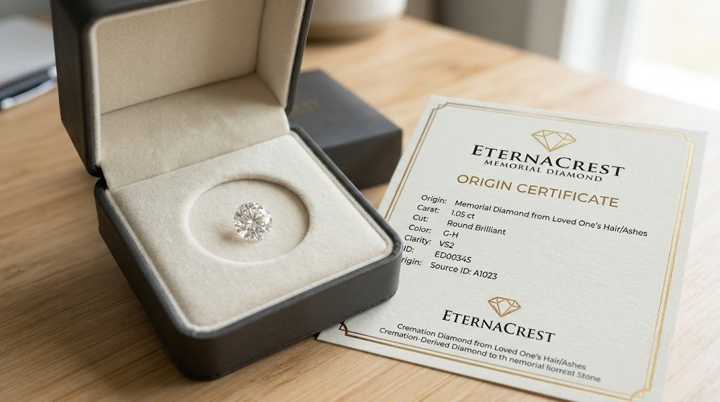 A loose memorial diamond in an open presentation box next to its origin document