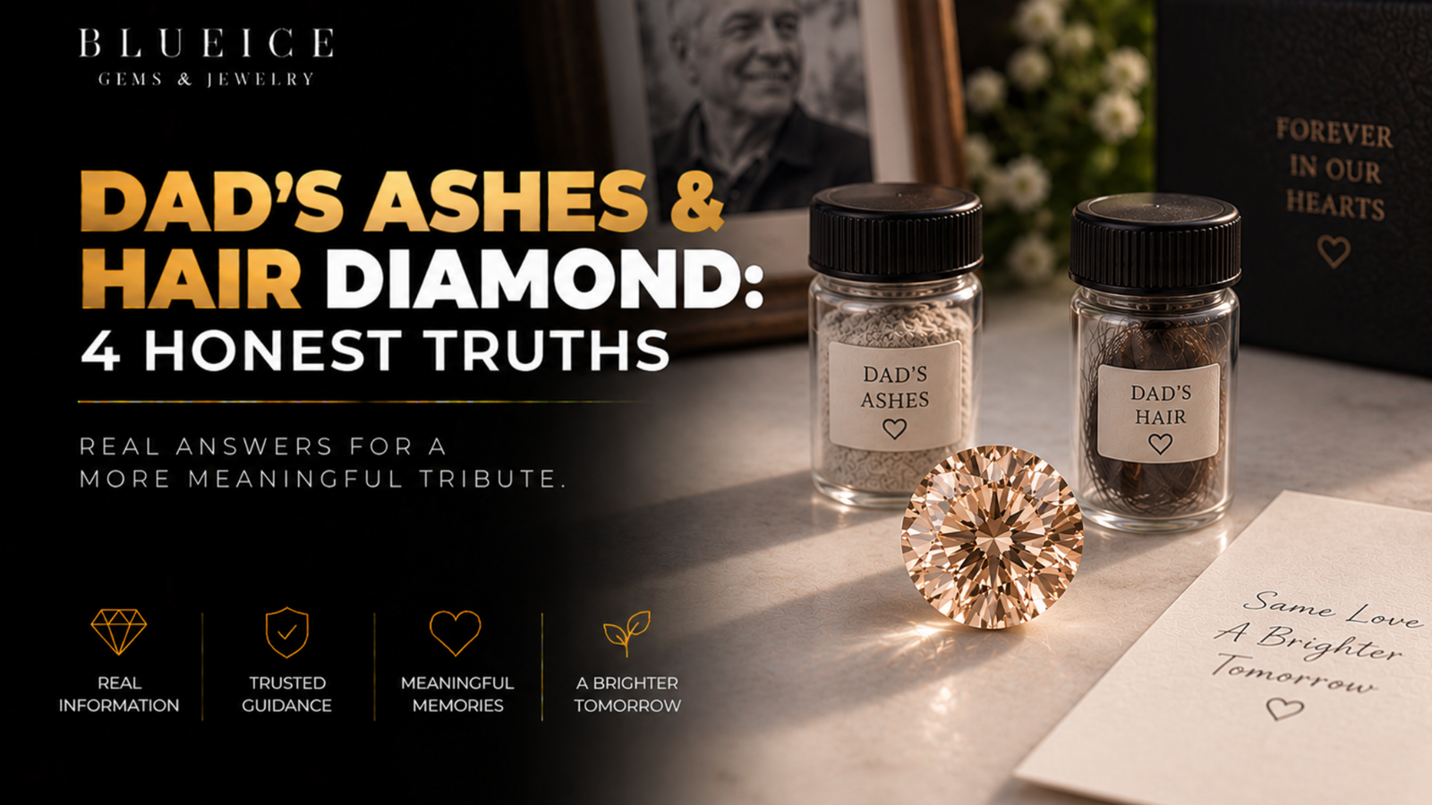 Memorial diamond made from a father's ashes and hair: a single champagne-toned lab-grown stone beside two small labeled sample containers