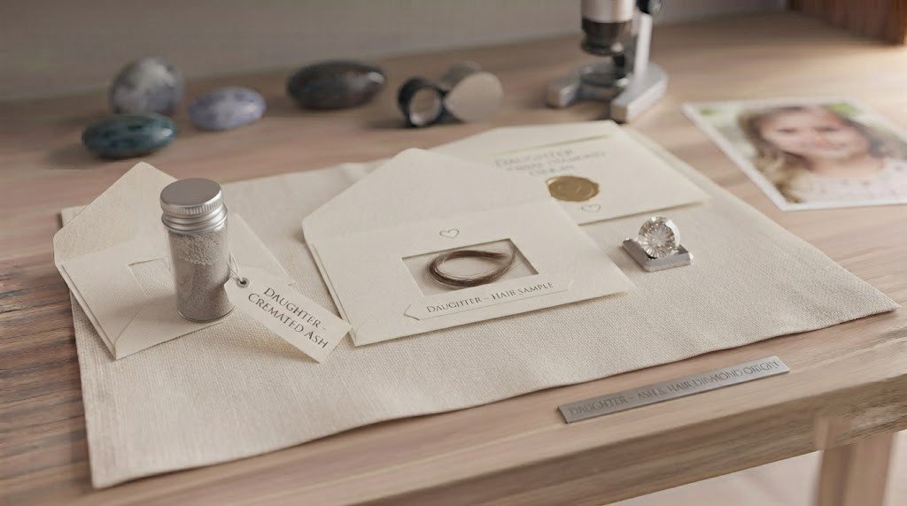 A finished stone made from daughter ashes and hair resting beside two separately labeled sample containers