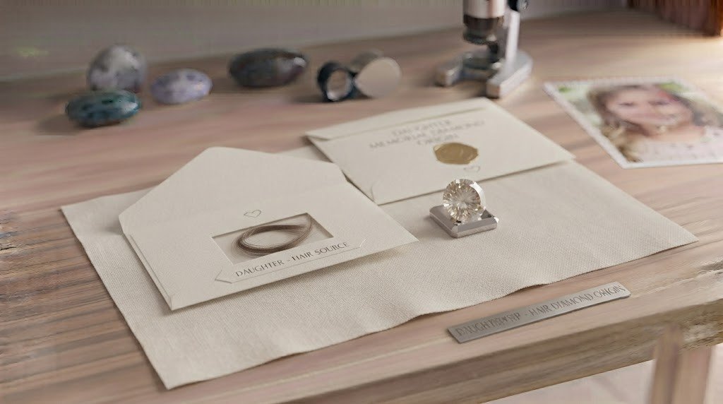 A diamond made from daughter hair resting beside a small lock of hair in an open envelope