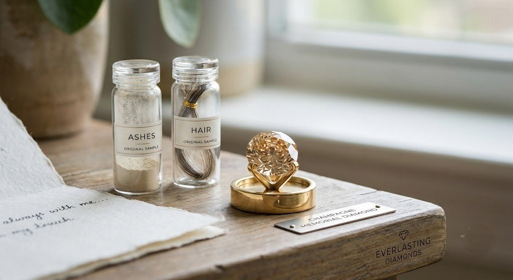 Single champagne-toned memorial diamond made from partner ashes and hair, photographed beside two small sealed sample containers