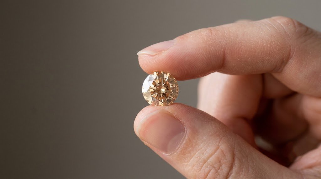 Champagne-toned lab-grown memorial diamond made from partner ashes, held between fingertips against a plain background