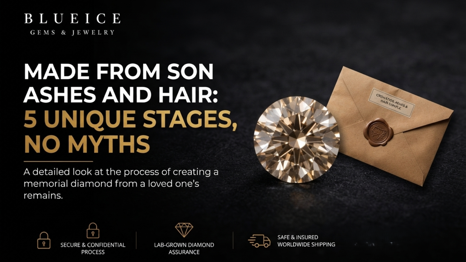 Memorial diamond made from son ashes and hair: a champagne-toned lab-grown stone beside a sealed sample envelope