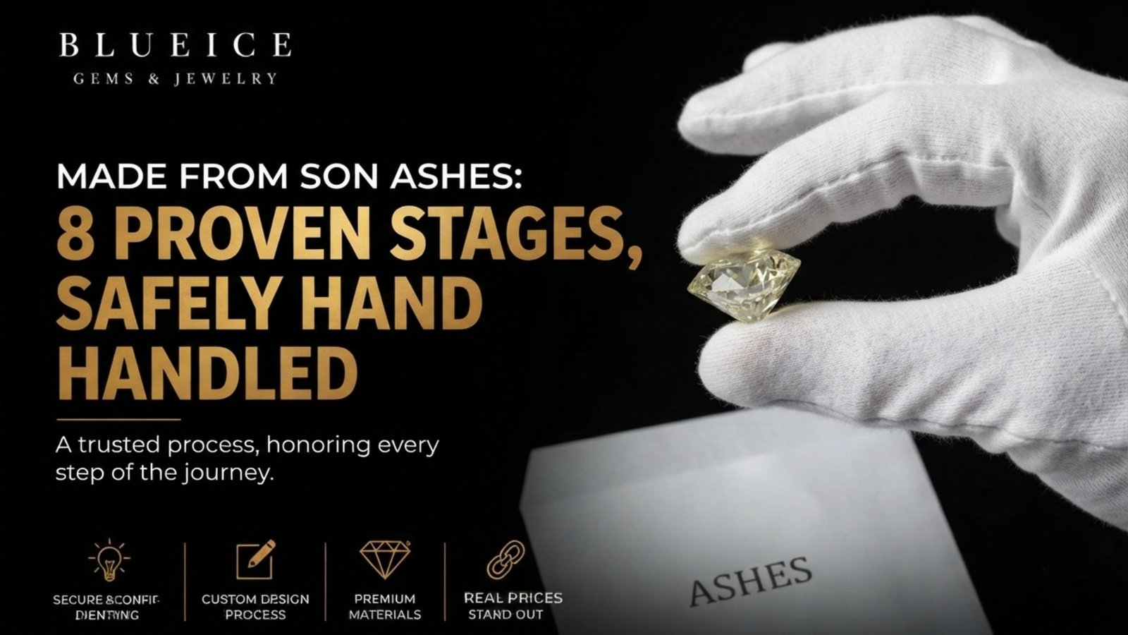 Memorial diamond made from son ashes: a pale yellow lab-grown stone held in a gloved hand