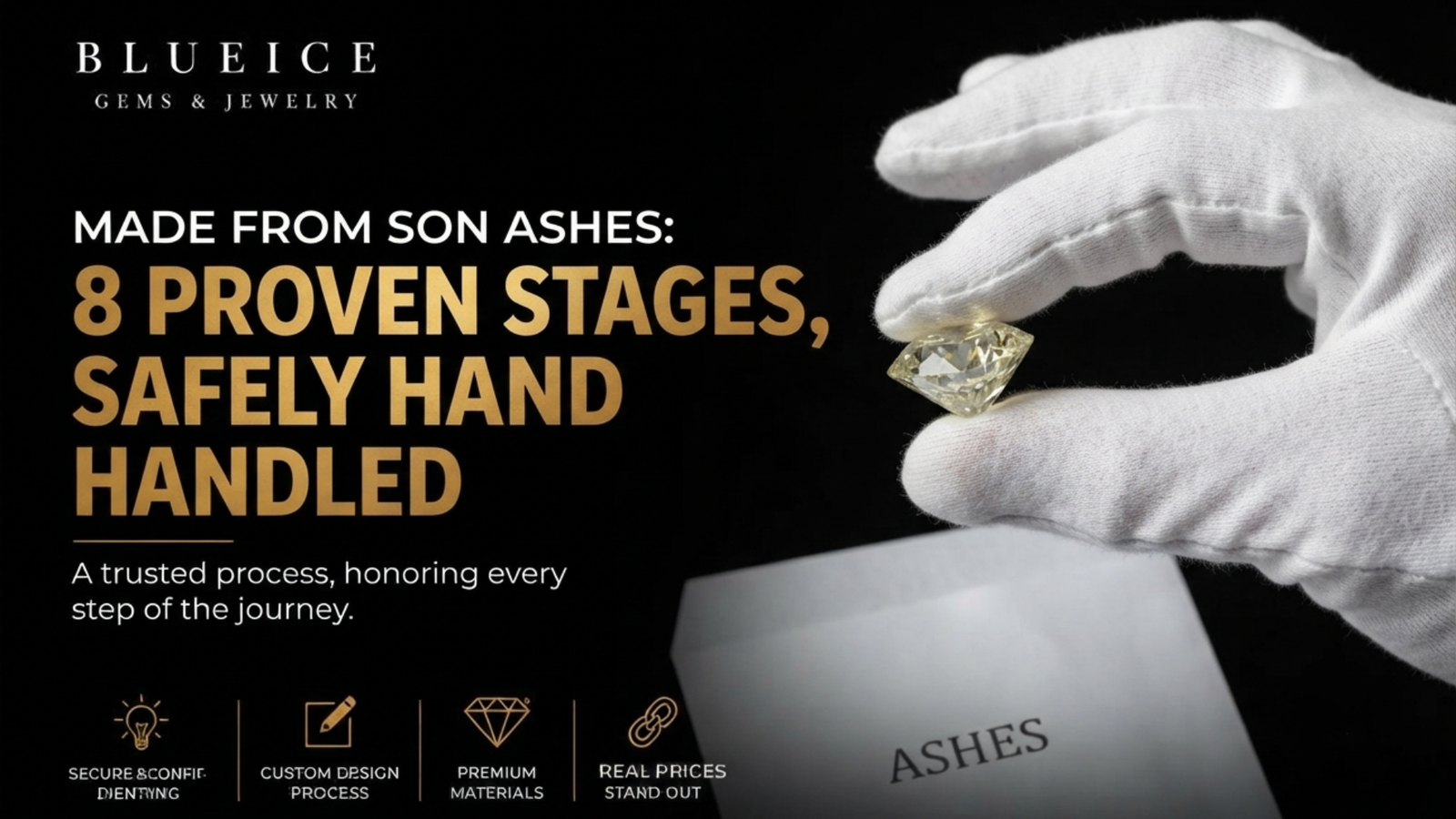 Memorial diamond made from son ashes: a pale yellow lab-grown stone held in a gloved hand