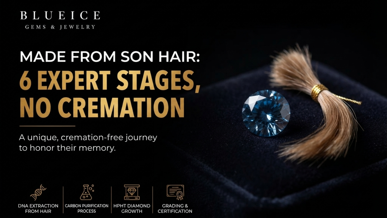 Memorial diamond made from son hair: a small blue-toned lab-grown stone beside a bound lock of hair