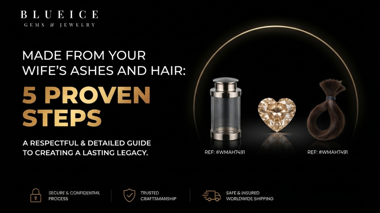 A memorial diamond made from your wife's ashes and hair: a small champagne lab-grown diamond between a sealed ash container and a tied lock of hair, both labeled with the same reference number