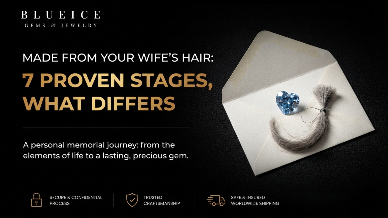 A memorial diamond made from your wife's hair: a small blue lab-grown diamond resting beside a lock of gray hair tied with thread in an open paper envelope