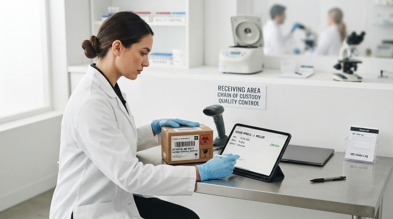 Laboratory technician logging a labeled intake parcel against an order document at a receiving bench