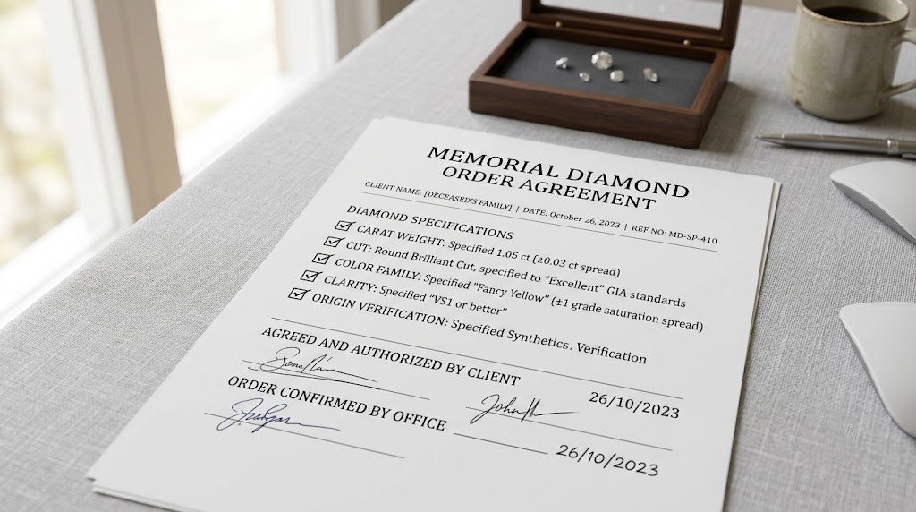A written order specification listing carat, cut and an agreed color family with its stated spread Stock acceptable