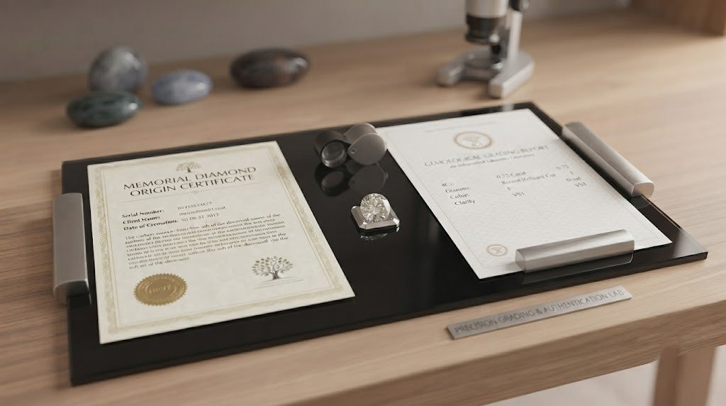 An origin certificate beside a separate independent grading report on a desk next to a loose diamond