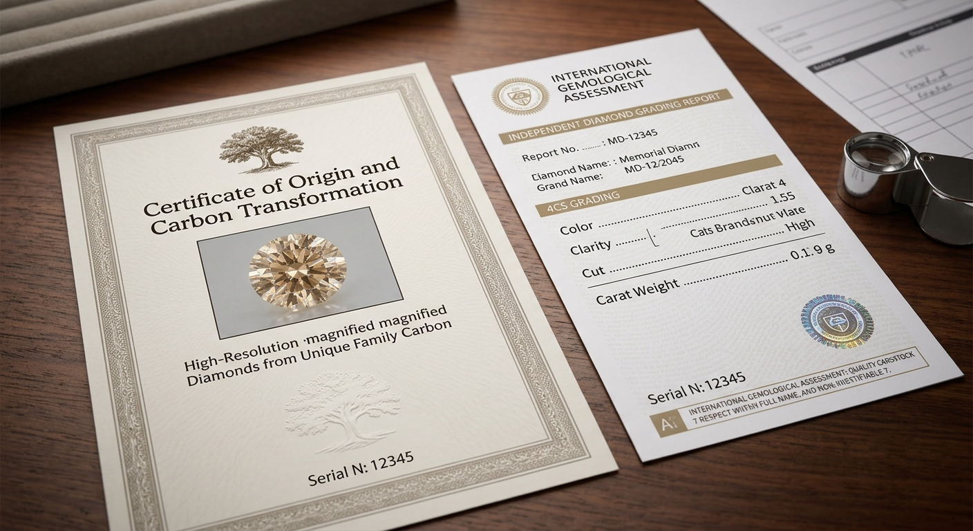 An origin certificate and an independent grading report side by side on a desk