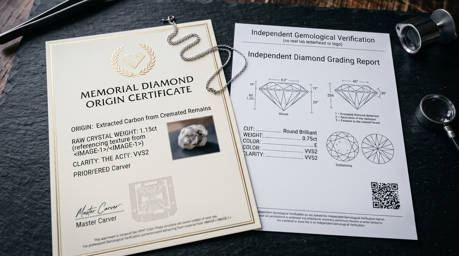 An in-house authenticity certificate and an independent diamond grading report laid side by side on a des