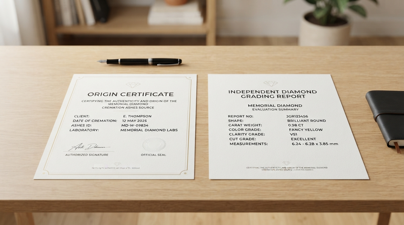 An origin certificate and an independent grading report side by side on a desk
