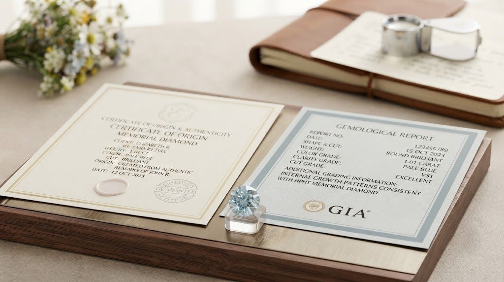 An origin certificate and a separate independent grading report placed side by side with a loose diamond