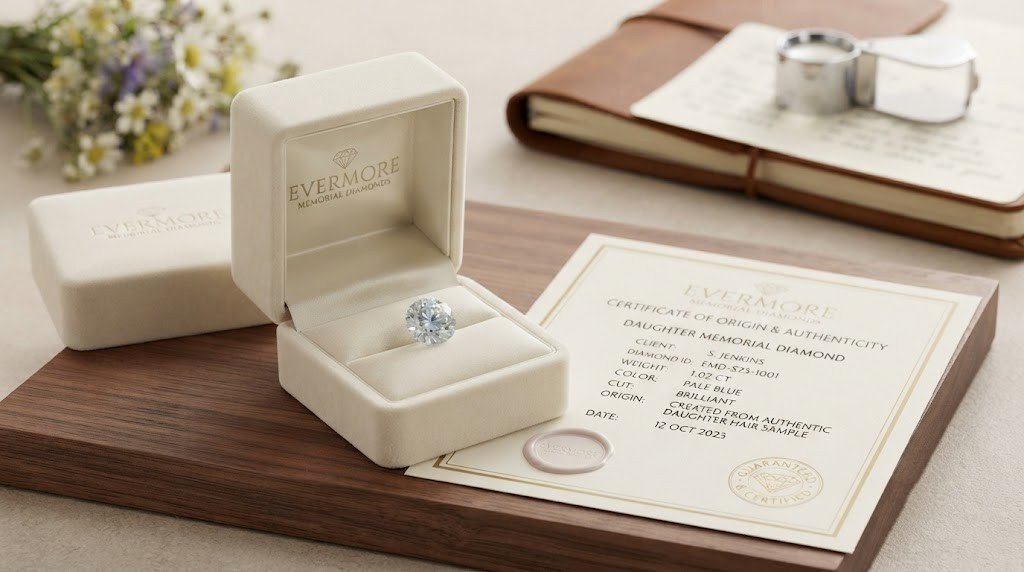 A loose memorial diamond in an open presentation box next to its origin certificate