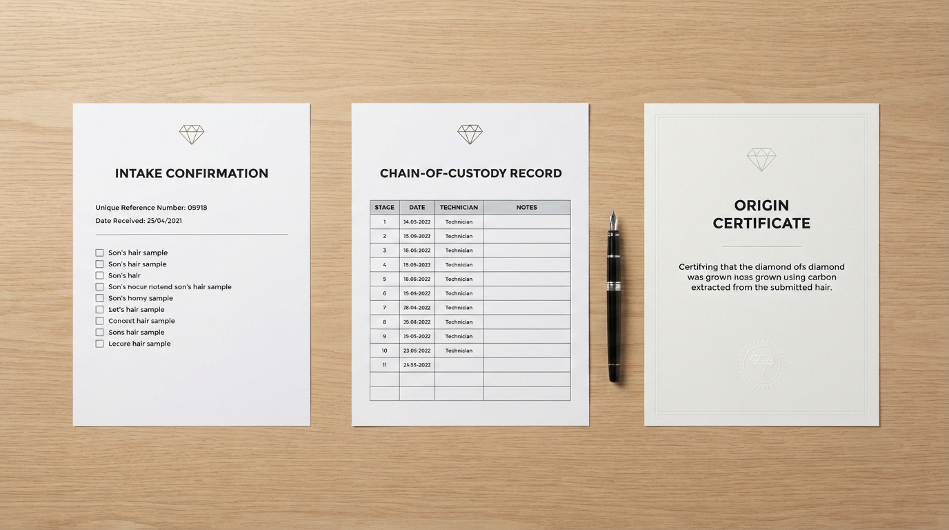 Intake confirmation, chain-of-custody record and origin certificate arranged on a desk